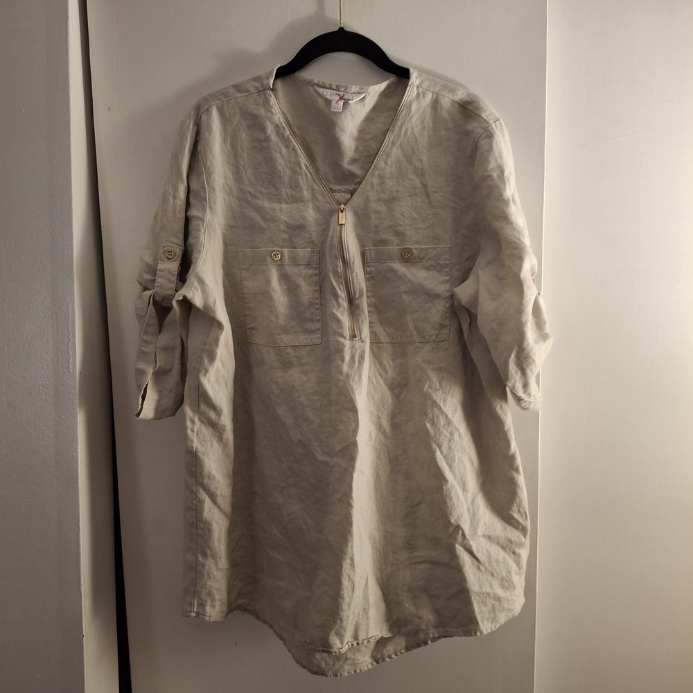 Ellen Tracy Women's Light Tan 100% Linen V-Neck Top